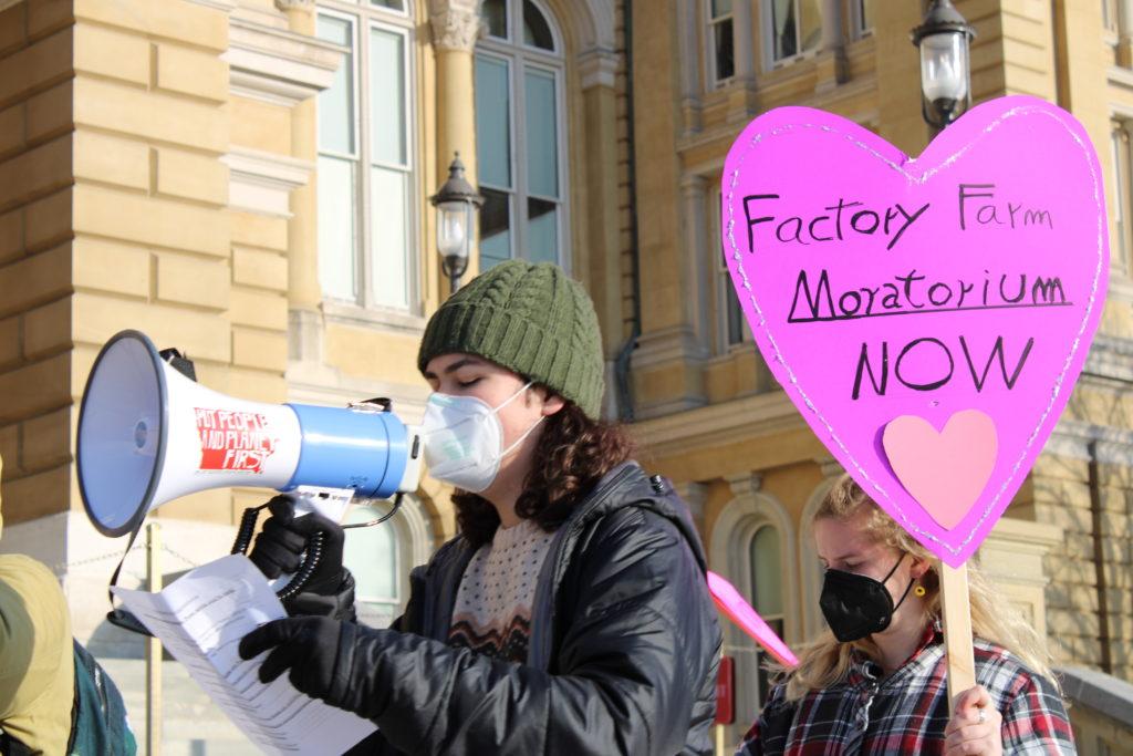 Grinnell students protested in favor of  HF 2305, which would end CAFO development in Iowa. 