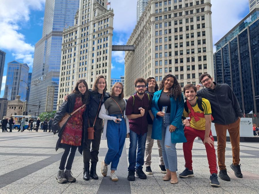 Brazilian students traveled to Chicago to vote in their national election. 
From left: Clara Zioli da Igreja `23, Lívia Stein Freitas, `25 Carolina Klauck Novaes `23, Patrick Sales Garcia `25, Luís Felipe Koehler Domingues `26, Ana Beatriz Fernandes Costa `25, Cristian Sales Garcia `22 and Diogo 
Tandeta Tartarotti `24.