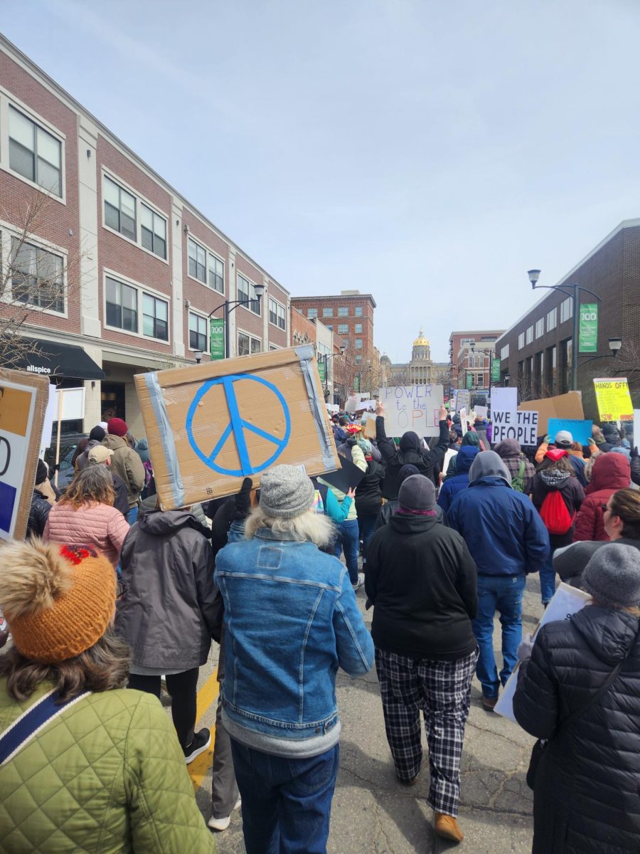 Thousands of protesters march to Iowa State Capitol as a part of the "Hands Off Protest" on April 5, 2025. Contributed by Rachel Rudacille.