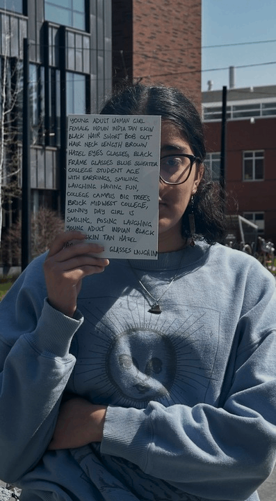 Eva Kapoor `28 poses with her face partially obscured by a sheet of prompts to generate an AI version of herself.